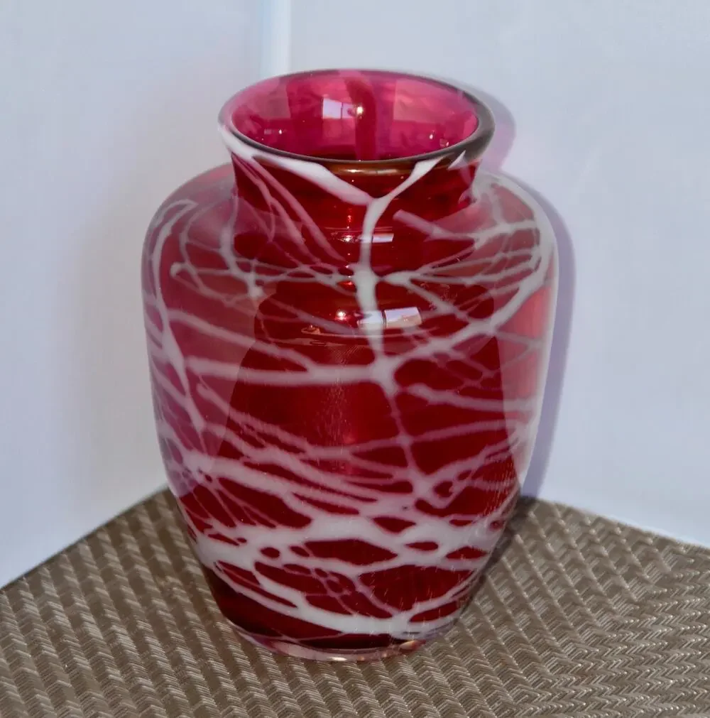 Contemporary Art Glass Vase in Cranberry and Periwinkle Crystal Signed